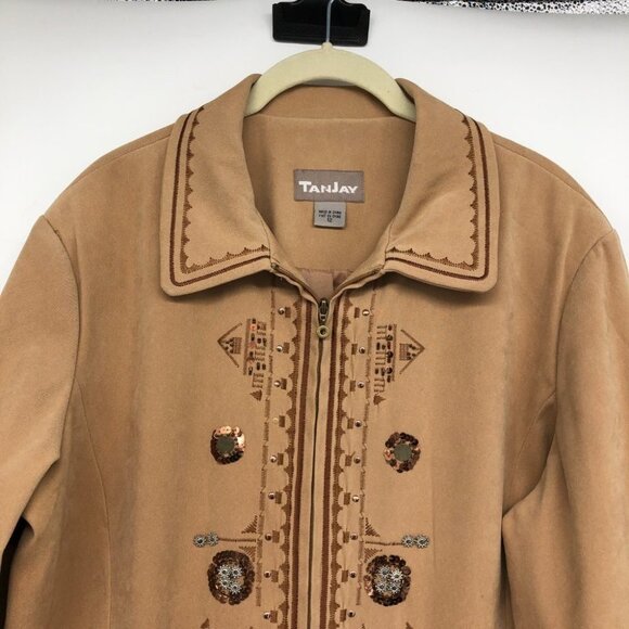 TanJay Brown Faux Suede embroidered Zip-up Lightweight Jacket size 12 - Picture 4 of 15